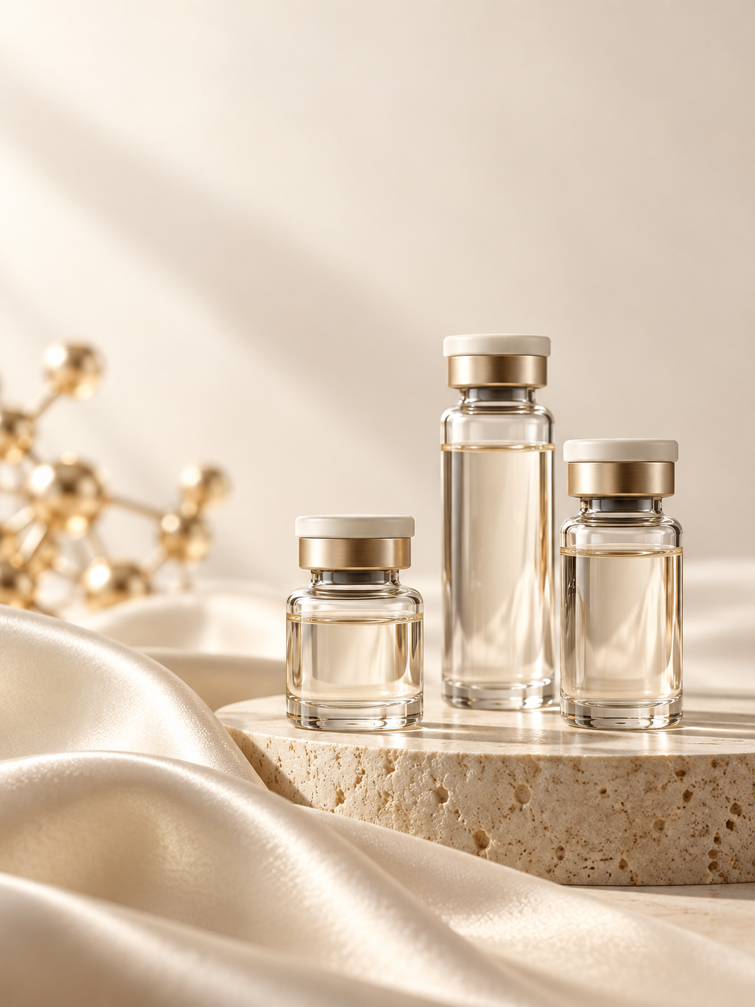 Research vials with gold details on an ivory stone and silk setting